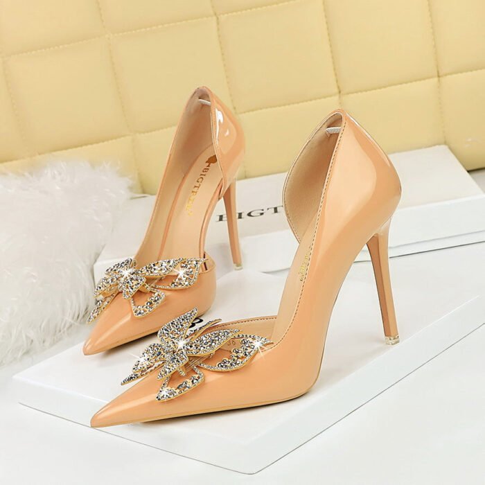 BIG TREE SHOES 638-H22 European and American Banquet High Heels Stiletto Heel Shallow Mouth Pointed Toe Rhinestone Bow Side Hollow out Super High Heel Shoes - Image 1