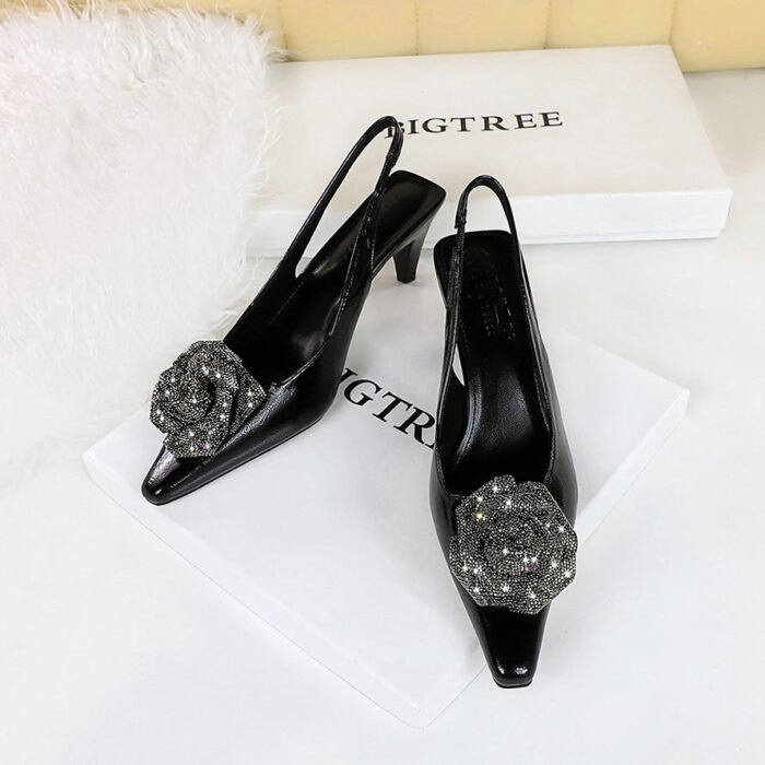 BIGTREE SHOES 2a06-h52 European and American Style Light Luxury Banquet Women's Shoes High Heel Low-Cut Pointed-Toe Hollowed Back Strap Rhinestone Flower Shoes - Image 2