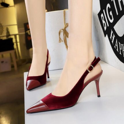BIGTREE SHOES 8315-A1 Banquet High Heels Women's Hollow Shoes Pointed Toe Stitching Pointed Toe Xishi Suede Hollow out Back Strap Pumps