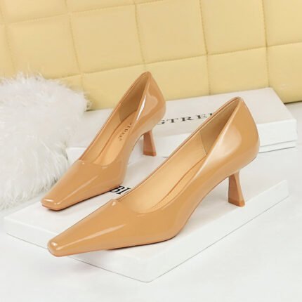 BIG TREE SHOES 6183-1 Korean Style Spring and Autumn Fashion Simple Patent Leather Women's Shoes Stiletto Heel Low-Cut Square Toe All-Matching High Heels Pumps