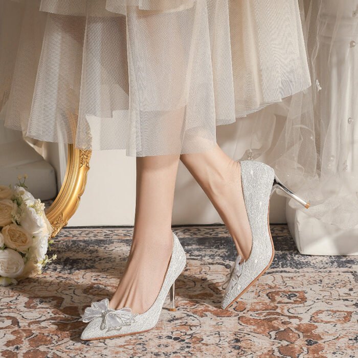 840-51 Rhinestone Bow Wedding Shoes Daily Wearable Niche High-Grade Stiletto Heel Low-Cut Pointed-Toe Shoes - Image 4