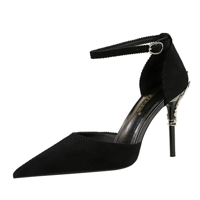 283-15 Fashion Banquet-15 Korean Style High Heel Low-Cut Metal Decorative Heel Pointed Light Velvet Hollow Strap Sandals - Image 5
