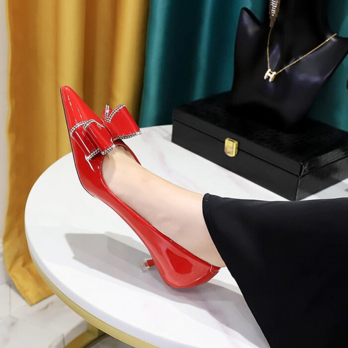 BIGTREE SHOES 237-H35 Korean Style Fashion Banquet Women's Shoes Stiletto Mid-Heel Shallow Mouth Pointed Patent Leather Rhinestone Bow Women's Shoes - Image 1