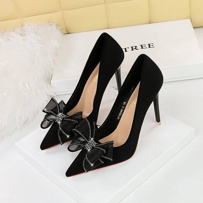BIGTREE SHOES 18249-h38 European and American Style Banquet High Heels Stiletto Satin Shallow Mouth Pointed Toe Rhinestone Lace Bow Pumps - Image 4