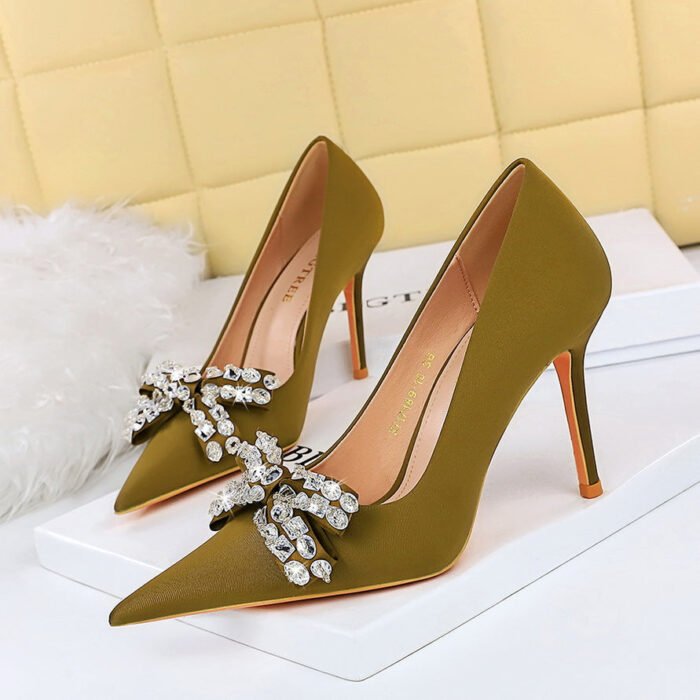 BIGTREE SHOES 1983-H10 European and American Sexy Banquet High Heels Stiletto Heel Shallow Mouth Pointed Toe Satin Rhinestone Bow Pumps - Image 3