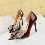 BIG TREE SHOES 638-H21 European and American Style Banquet Women's Shoes Super High Heel Shallow Mouth Pointed Patent Leather Side Hollow Rhinestone Bow Pumps - Image 3