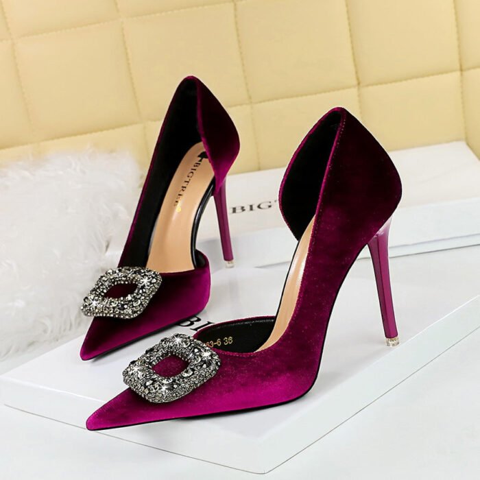 Bigtree Shoes 1363-K83 Banquet High Heels Stiletto Heel Thick Suede Pointed Side Hollow Metal Rhinestone Buckle Super High Heel Shoes - Image 1
