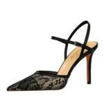 221-8 European and American Thinner Stiletto Heel Shallow Mouth Pointed-Toe Hollowed Mesh Lace Strap Sandals - Image 5
