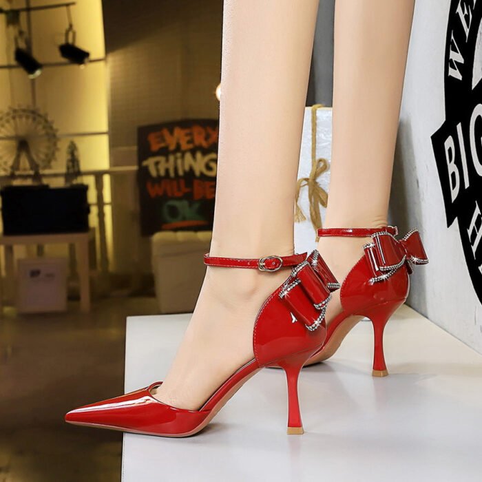 BIGTREE SHOES 8323-H35m Summer Hollow High Heel Shallow Mouth Pointed Patent Leather Strap Back Bow Sandals Women's High Heels - Image 4