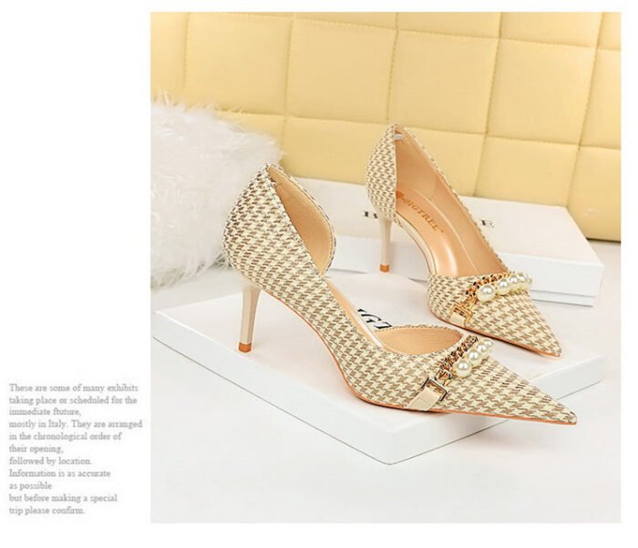 8829-A1 Korean version of high-heeled shallow-mouth pointed side hollow cloth plaid pearl metal chain houndstooth shoes - Image 15
