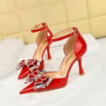 BIGTREE SHOES 8323-h17 Korean Style Banquet Women's Shoes High Heel Low-Cut Pointed Patent Leather Hollow Rhinestone Bow Strap Sandals