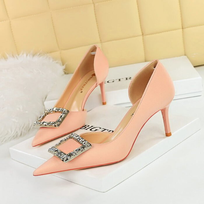 BIG TREE SHOES 3226-Ak35 European and American All-Matching High Heels Women's Shoes Stiletto Heel Shallow Mouth Pointed Toe Side Hollow Metal Buckle Pumps - Image 3