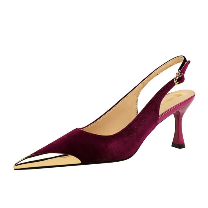 BIGTREE SHOES 3716-6 European and American Fashion Banquet Women's Shoes Wine Glass Heel High Heel Suede Metal Pointed-Toe Hollowed Back Strap Women's Shoes - Image 5