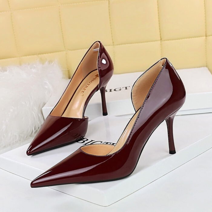 Bigtree Shoes 8236 European and American Style Fashion Simple High Heels Women's Shoes Stiletto Heel Shallow Mouth Pointed Toe Side Hollow Patent Leather Pumps Women - Image 4