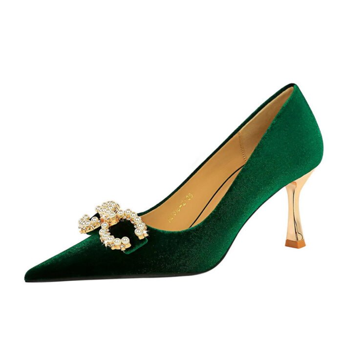 BIG TREE SHOES 1818-K79 Banquet High Heels Korean Style Women's Shoes Xishi Suede Shallow Mouth Pointed-Toe Metal Pearl Rhinestone Buckle Pumps - Image 5