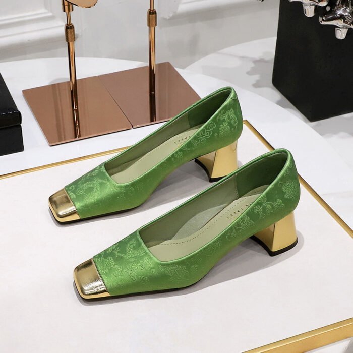 BIGTREE SHOES 5288-8 National Style Women's Shoes Entry Lux Elegant Thick Heel Mid-Heel Low-Cut Color Matching Square Head Embroidery Thread Satin Banquet Shoes Women - Image 3
