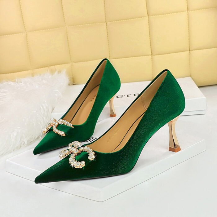 BIG TREE SHOES 1818-K79 Banquet High Heels Korean Style Women's Shoes Xishi Suede Shallow Mouth Pointed-Toe Metal Pearl Rhinestone Buckle Pumps - Image 1