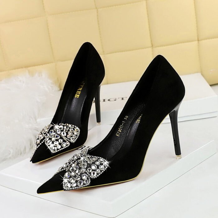 Bigtree Shoes 9511-H29 European and American Banquet High Heels Stiletto Heel Suede Shallow Mouth Pointed Toe Rhinestone Bow Pumps Women - Image 1