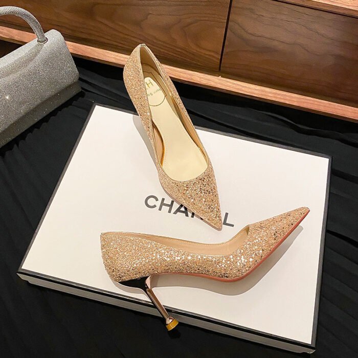 D888-88 Pointed High Heels Women's Chunky Heel Wedding Shoes High-Grade Wedding Dress Pumps - Image 6
