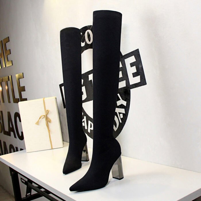 BIG TREE SHOES 3128-1 European and American Fashion Minimalist Metal Heel Chunky Heel High Heel Pointed Toe Sexy Nightclubs Thinner Wool over-the-Knee Boots - Image 3
