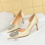 BIG TREE 3265-ak11 Korean Style Fashion Banquet Stiletto Heel Shallow Mouth Pointed Toe Satin Side Hollow Rhinestone Buckle Women's Shoes - Image 4