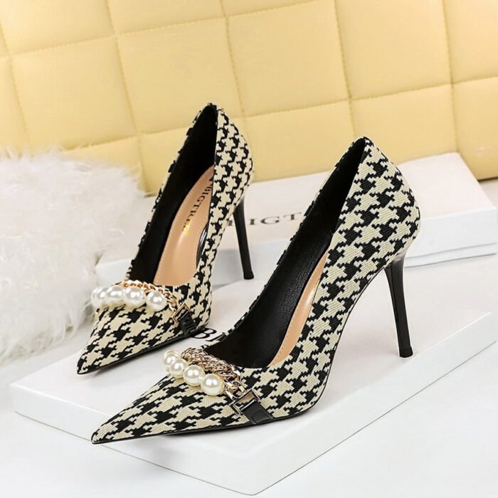 9283-A1 European and American thin-heeled high-heeled shallow-pointed cloth plaid houndstooth metal chain pearl shoes - Image 8