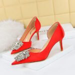 BIG TREE 3265-ak11 Korean Style Fashion Banquet Stiletto Heel Shallow Mouth Pointed Toe Satin Side Hollow Rhinestone Buckle Women's Shoes - Image 2
