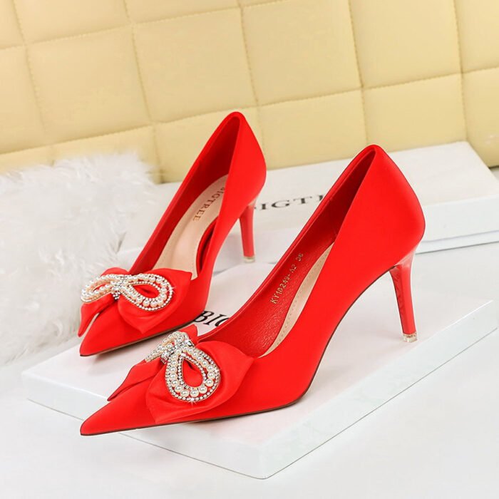 BIGTREE SHOES 18249-Ah28 Banquet Women's Shoes High Heels Stiletto Satin Shallow Mouth Pointed Toe Rhinestone Pearl Bow Pumps Women - Image 1