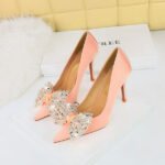 BIG TREE SHOES 3391-2h9 European and American Style Fashion Banquet High Heels Stiletto Heel Satin Shallow Mouth Pointed Toe Rhinestone Bow Pumps Women - Image 2