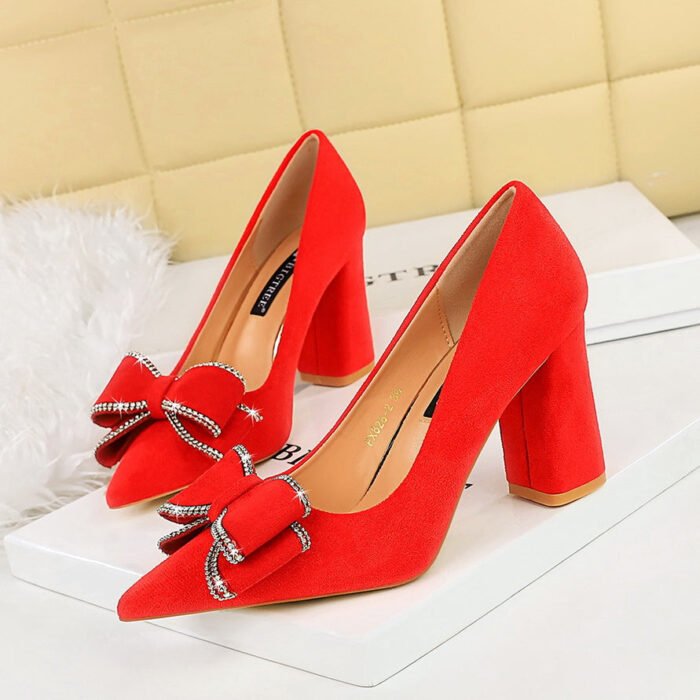BIGTREE SHOES 828-H30 Korean Style Fashionable Spring and Autumn New High Heels Chunky Heel Suede Shallow Mouth Pointed Bow Single-Layer Shoes Women's Shoes - Image 1