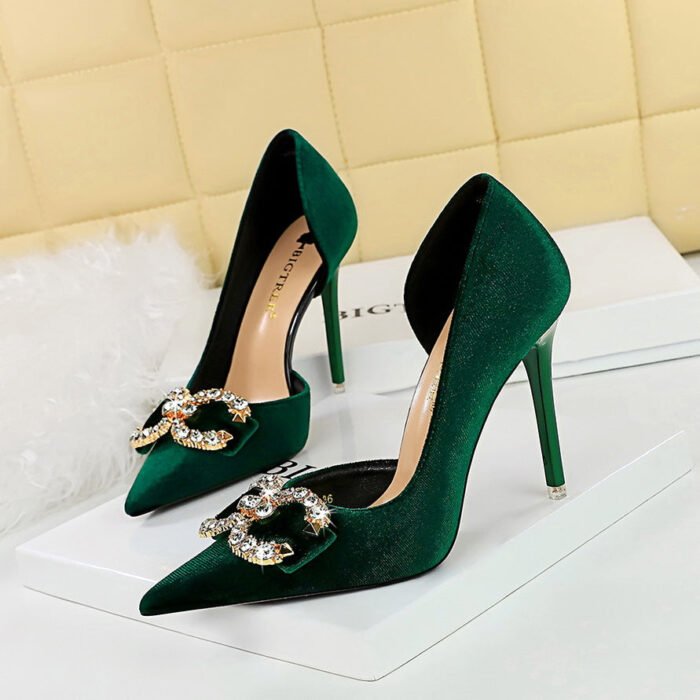 Bigtree Shoes 1363-K77 Banquet High Heels Stiletto Heel Shallow Mouth Pointed Side Hollow out Thick Suede Rhinestone Buckle Bow Pumps - Image 2