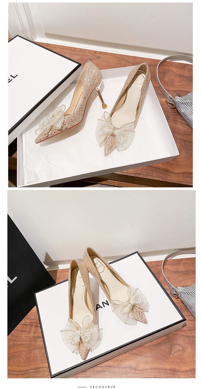 D888-42 Pointed High Heels Women's Chunky Heel Wedding Shoes High-Grade Wedding Dress Annual Meeting Pumps - Image 9