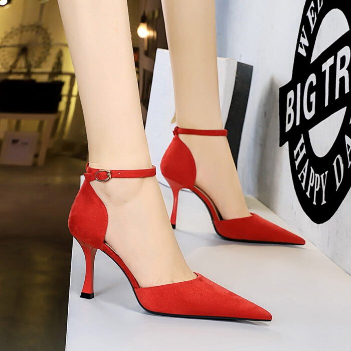 BIGTREE SHOES 8323-7 European and American Style Fashionable Simple Pedicure Slimming Suede Shallow Mouth Pointed-Toe Hollowed Ankle-Strap High Heel Women's Sandals - Image 3