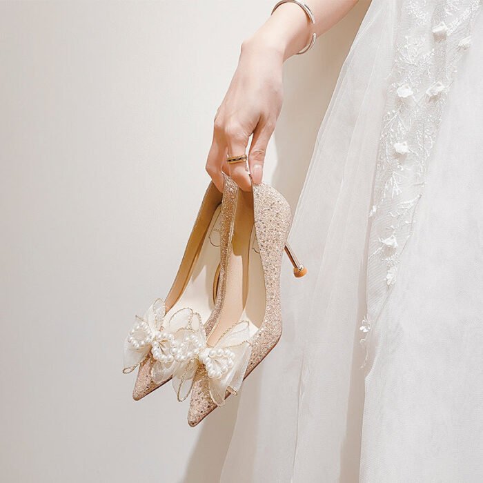 D888-42 Pointed High Heels Women's Chunky Heel Wedding Shoes High-Grade Wedding Dress Annual Meeting Pumps - Image 1