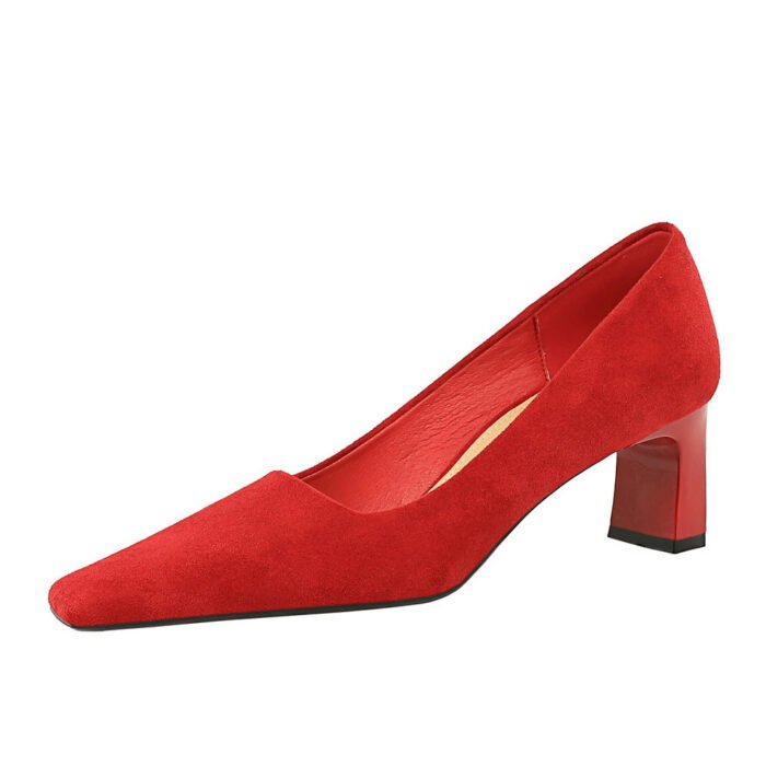 BIG TREE SHOES 6186-3 Korean Fashion Simple Comfortable Thick Heel High Heel All-Matching Business Ol Suede Low-Cut Square Toe Women's Thin Shoes - Image 5