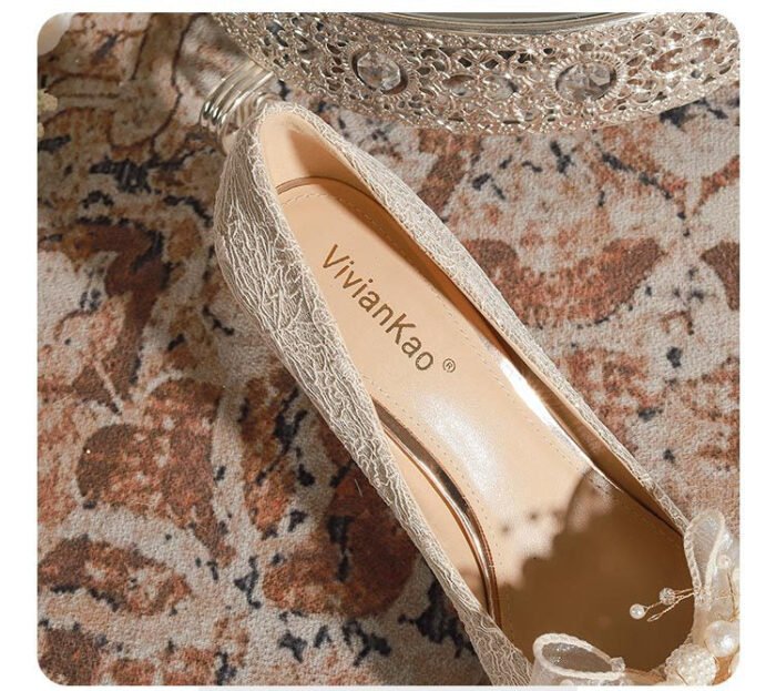 840-16 French Lace Pearl Wedding Shoes Bridal Shoes High Heels Princess Pointed Toe Temperament Fairy Stiletto Heel Pumps Women - Image 11