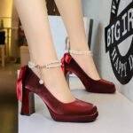 BIGTREE 9982-H79TP Korean version of square head thick heel waterproof table high heels pearl word with back bow satin shoes - Image 6