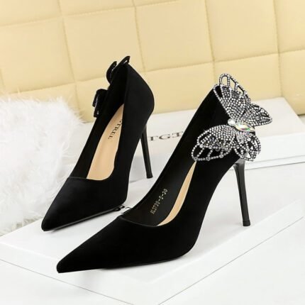 BIGTREE 3739-H62L Korean high heels side bow rhinestone Xi Shi velvet thin pointed toe shallow mouth super high heel shoes
