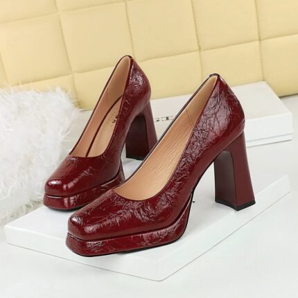 BIGTREE 9985 new waterproof table square head super high heel women's shoes European and American style light mouth thick heel single shoes versatile temperament high heels