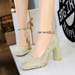 BIGTREE 9983-K106 European and American style women's shoes thick heel high heel waterproof table shallow mouth square head sequins one word with single shoes wedding shoes - Image 9