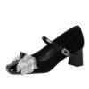 Product image BIGTREE 5296-H65 Korean version one word with rhinestone buckle Mary Jane single shoes square head thick heel sequined bow medium heel women's shoes