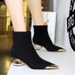 BIGTREE 335-1 European and American style light luxury banquet women's boots medium heel hollow with metal pointed iron head suede short boots