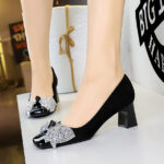 BIGTREE 5297-H65 sequined bow square head light mouth European and American style medium heel single shoes suede thick heel professional commuter women's shoes