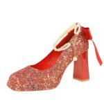 BIGTREE 9983-H79TP Korean version sequined pearl one-word strap women's shoes square head shallow mouth thick heel super high heel waterproof table shoes - Image 5