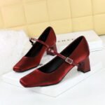 BIGTREE 6295 French small fragrant wind square head rhinestone one word with satin women's shoes thick heel medium heel light mouth comfortable and thin single shoes
