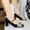 Product image BIGTREE 5296-H65 Korean version one word with rhinestone buckle Mary Jane single shoes square head thick heel sequined bow medium heel women's shoes