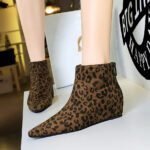 BIGTREE 6632-27 retro style autumn and winter naked boots inner height increase slope heel middle heel back zipper leopard print short boots - Image 3