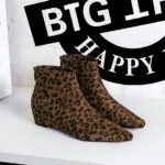BIGTREE 6632-27 retro style autumn and winter naked boots inner height increase slope heel middle heel back zipper leopard print short boots - Image 2
