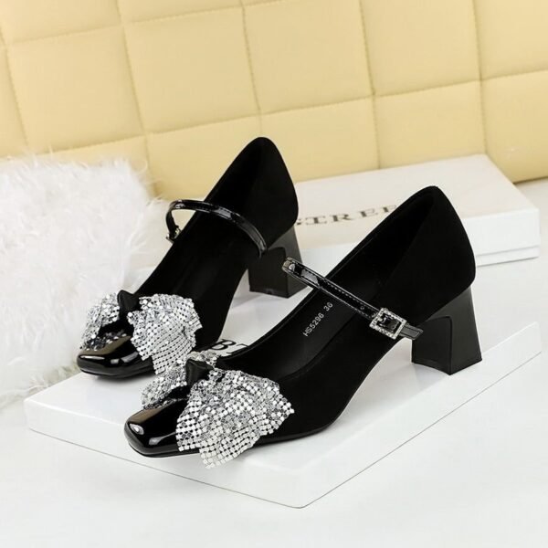 Product image BIGTREE 5296-H65 Korean version one word with rhinestone buckle Mary Jane single shoes square head thick heel sequined bow medium heel women's shoes