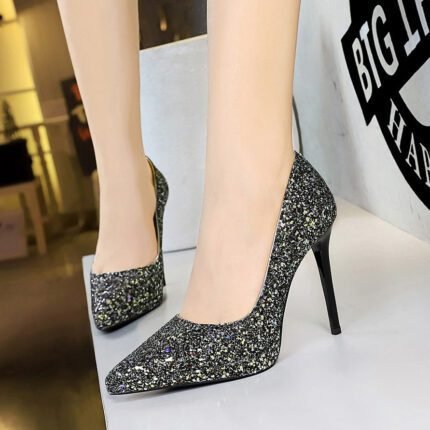 BIGTREE 3255-15 European and American style banquet high heels thin heel super high heel waterproof table shallow mouth pointed sequins single shoes women's shoes
